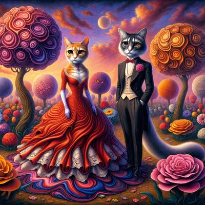 The primary subject of the image is a man and a woman, both dressed in formal attire, standing together in a garden. The man is wearing a suit and a bow tie, while the woman is wearing a red dress. The setting is a garden with trees and flowers, creating a serene and picturesque backdrop. The visual style of the image is a digital art or illustration, with a vibrant and colorful atmosphere. The dominant colors in the image are red, white, and various shades of green,